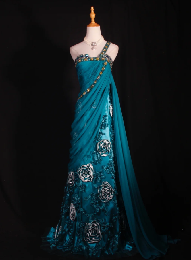 Vintage Blue One Shoulder Satin Beaded Mermaid Evening Dress Long Party Dress With Florals D2288