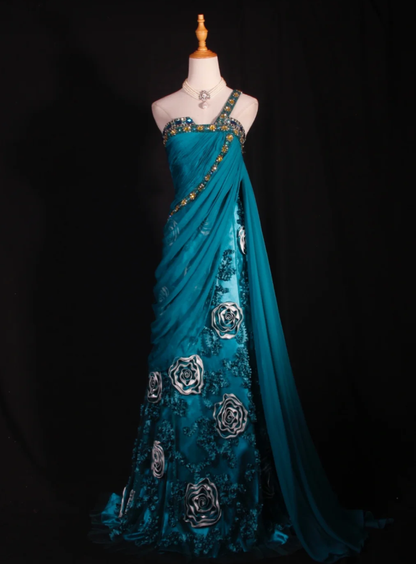 Vintage Blue One Shoulder Satin Beaded Mermaid Evening Dress Long Party Dress With Florals D2288