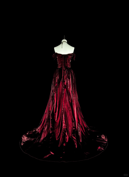 Charming Off The Shoulder Satin Beaded Long Prom Dress Burgundy Evening Dress D5387