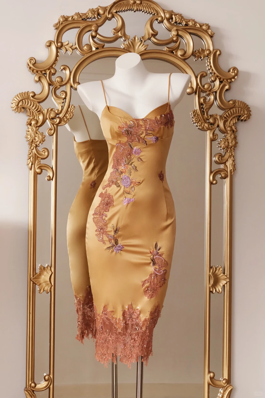 Unique Spaghetti Straps Satin Lace Embroidery Floral Sheath Party Dress Prom Dresses D2747