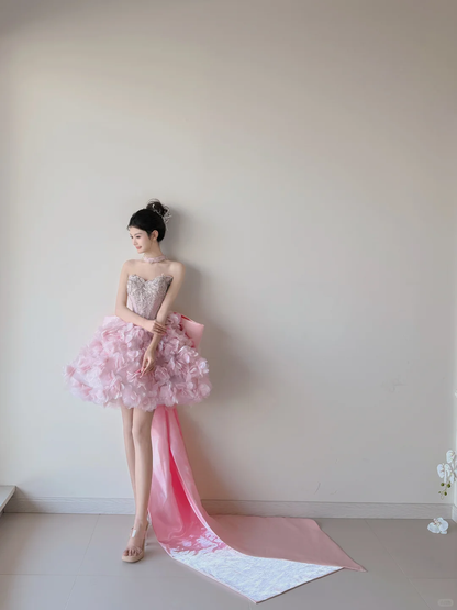 Glamorous Pink Strapless Beaded Tulle Petals A Line Short Homecoming Dress Birthday Outfits D3134