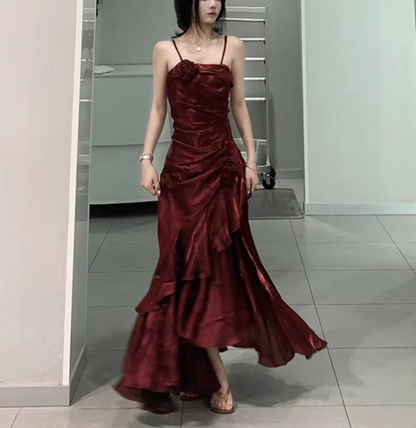 Vintage High Low Spaghetti Straps Burgundy Long Party Dresses Birthday Outfits SD451