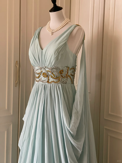 Elegant Blue V Neck Chiffon Beaded Long Evening Dress Prom Gown D3091