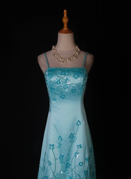 Gorgeous Blue Spaghetti Straps Satin Beaded Mermaid Long Birthday Prom Dress Party Dress D2275