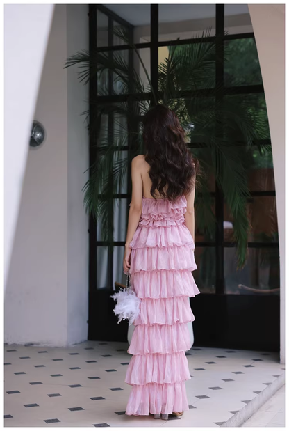 Pretty Pink Halter Chiffon Ruffle Layered Slit Long Birthday Prom Dress Evening Gown D2456
