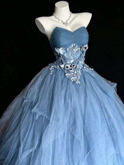 Charming Strapless Blue Tulle Appliques Quinceanera Dress Sweet 15 16 Dress D5272