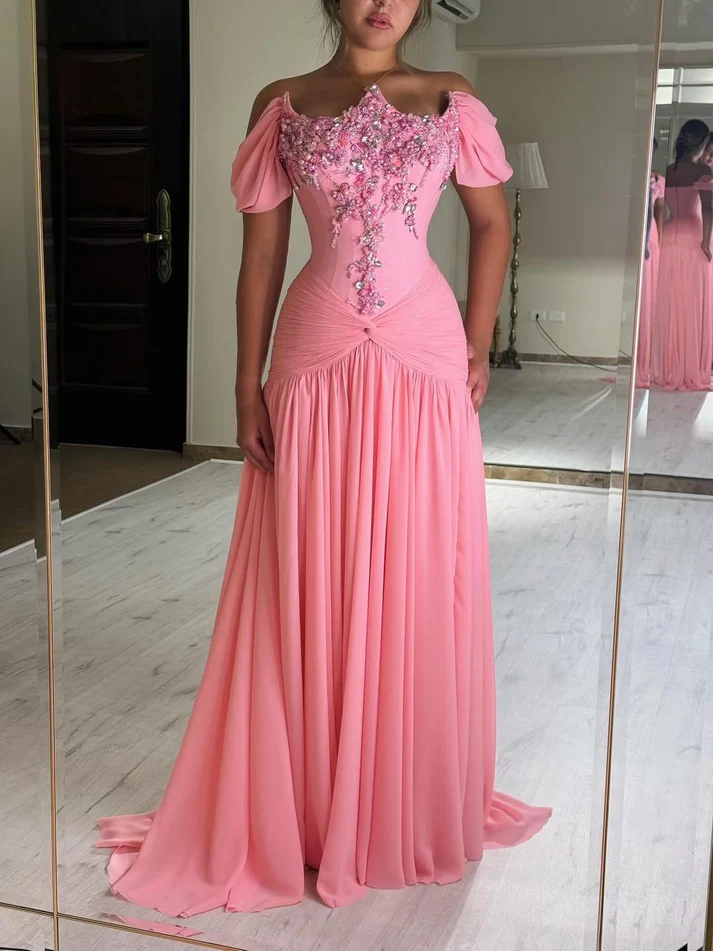 Cute Off The Shoulder Pink Chiffon Beaded Mermaid Long Party Dress Evening Gown D1304