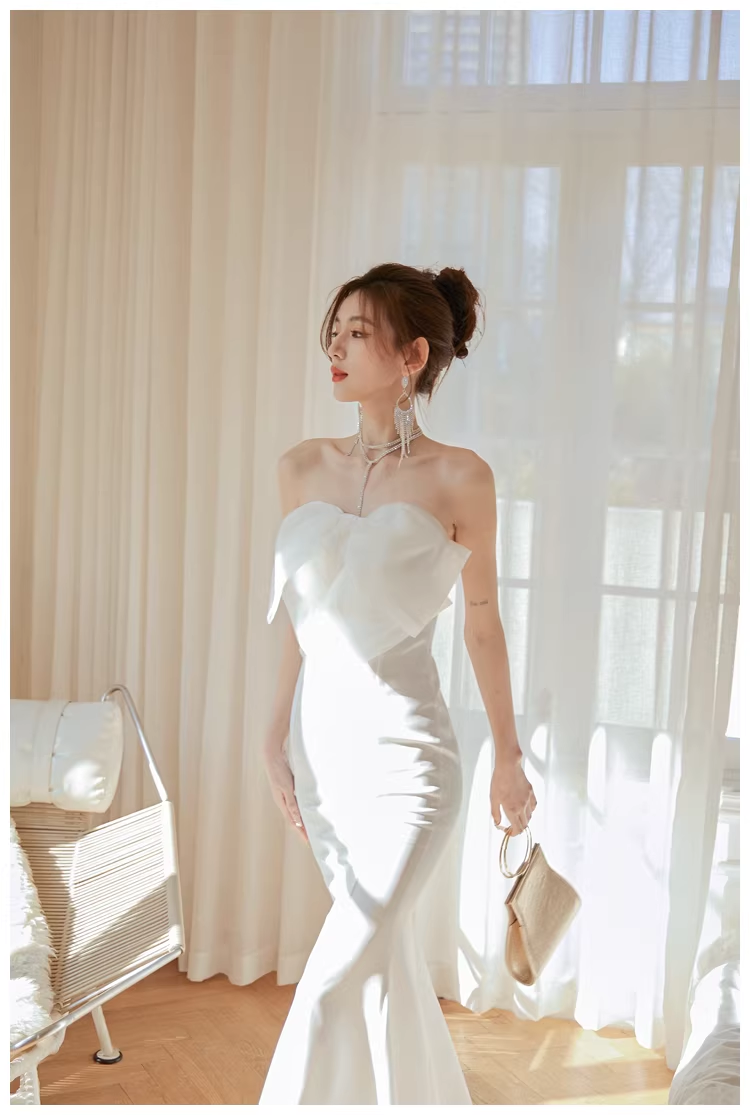 Classy White Strapless Bow Satin Mermaid Long Wedding Guest Dress Formal Evening Dress Prom Gown D2446