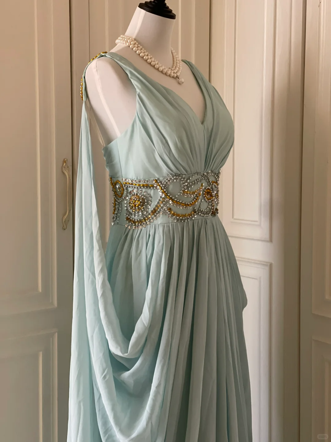 Elegant Blue V Neck Chiffon Beaded Long Evening Dress Prom Gown D3091