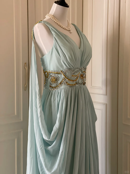 Elegant Blue V Neck Chiffon Beaded Long Evening Dress Prom Gown D3091