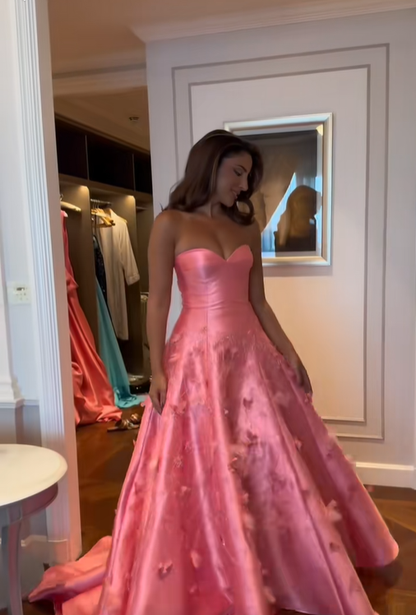 Gorgeous Pink Sweetheart Neck Satin Sequin Appliques Long Prom Dress Birthday Party Dress D1212