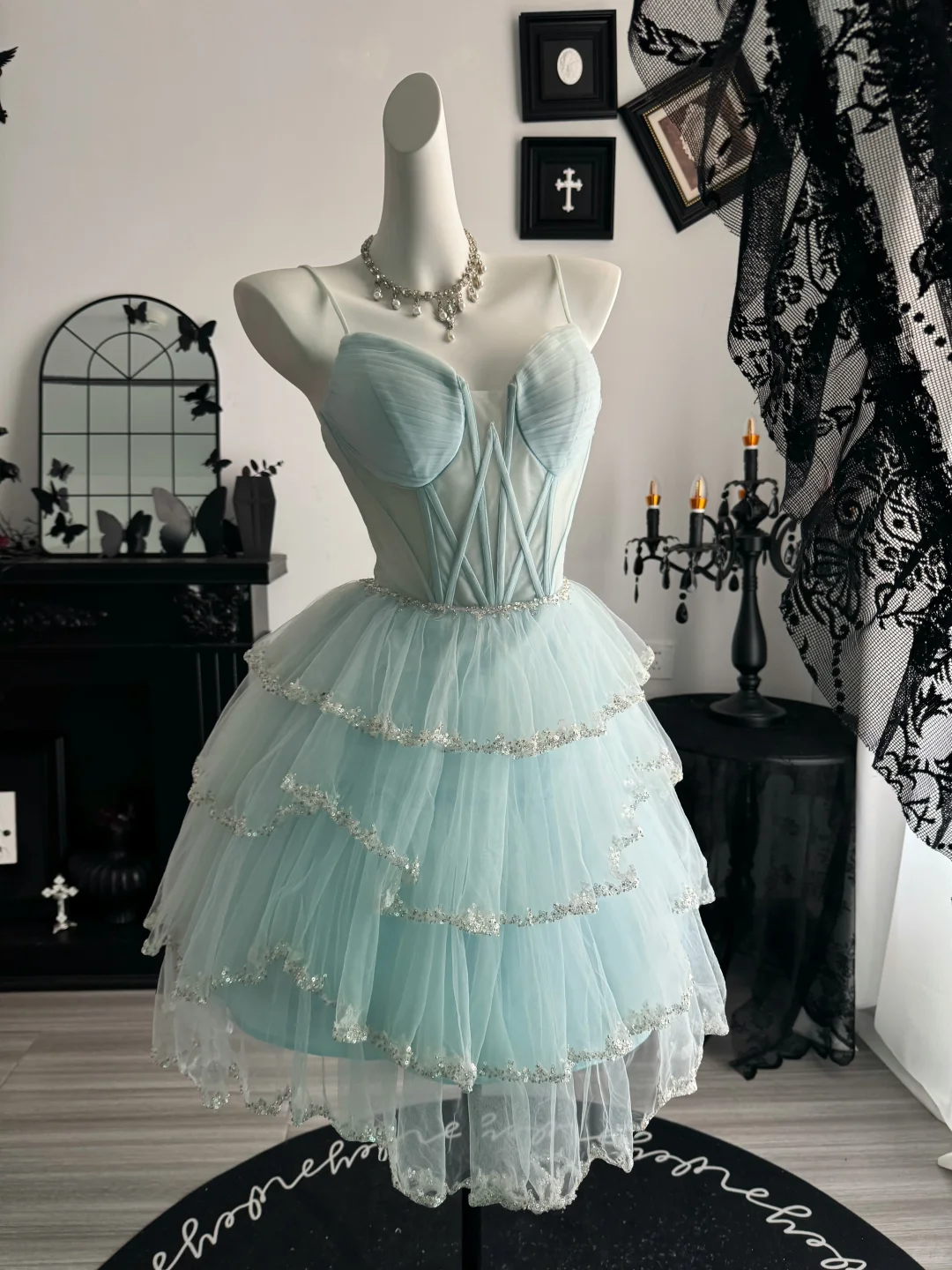 Cute Spaghetti Straps Blue Tulle Sequin Layered Short Graduation Homecoming Dress,Mini Birthday Dress D3719