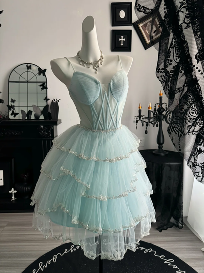 Cute Spaghetti Straps Blue Tulle Sequin Layered Short Graduation Homecoming Dress,Mini Birthday Dress D3719