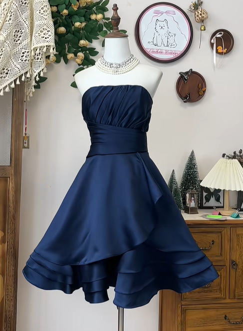 Simple Strapless Navy Blue Satin A Line Homecoming Dress Short Party Dress  S457