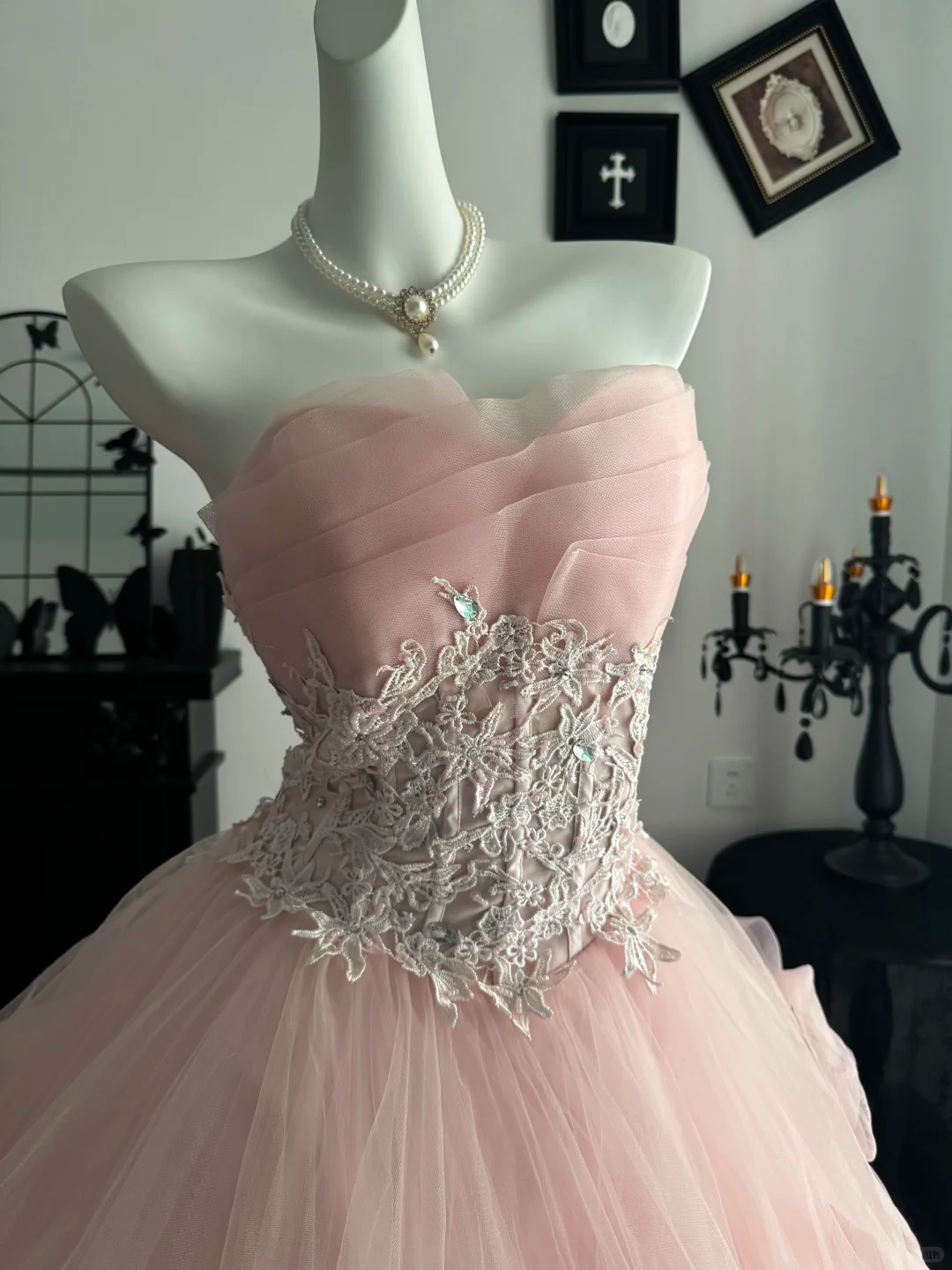 Sweet Pink Ball Gown Strapless Tulle Appliques Birthday Quinceanera Dress D3702
