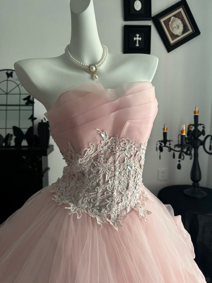 Sweet Pink Ball Gown Strapless Tulle Appliques Birthday Quinceanera Dress D3702