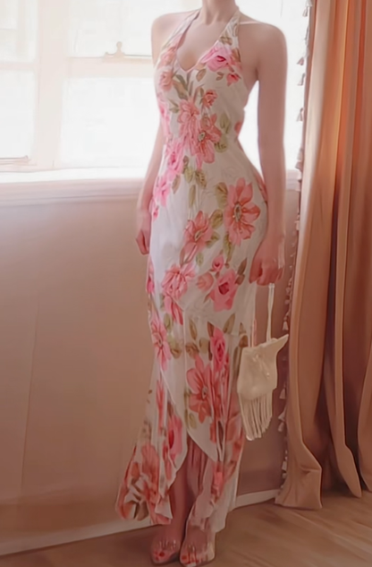 Pretty Halter V Neck Chiffon Print Floral Mermaid Long Party Dress Prom Dresses D2773