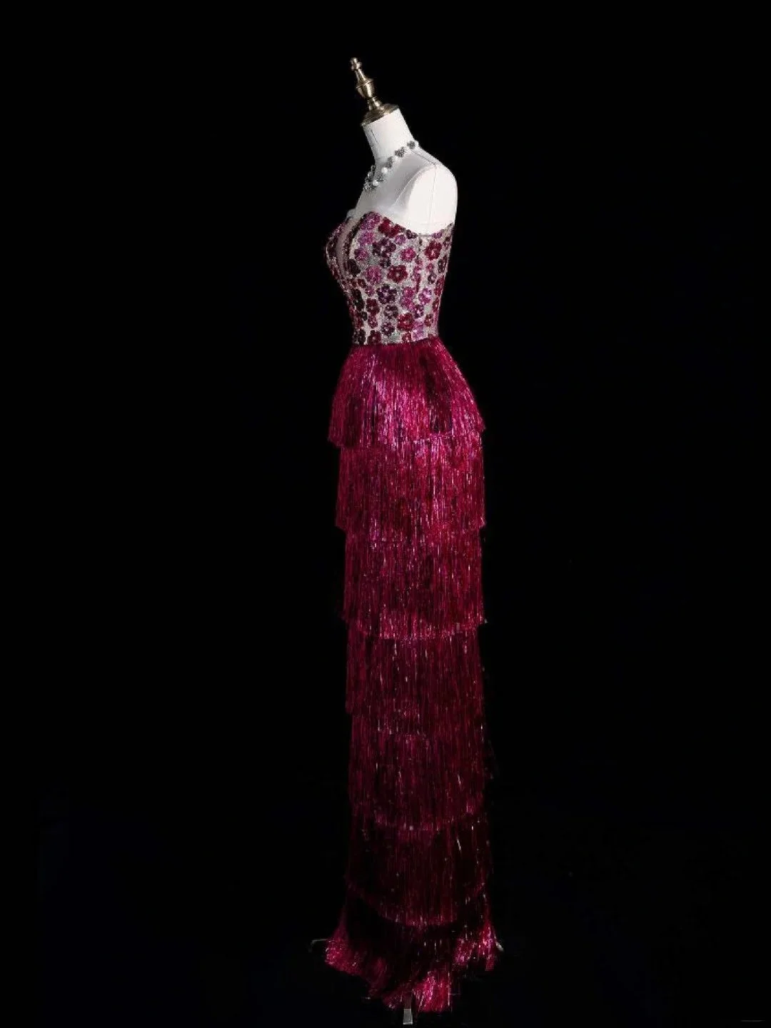 Sparkly Strapless Dark Fuchsia Sequin Tassel Layered Sheath Long Party Dress Evening Gown D4846