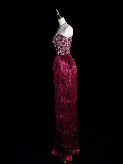 Sparkly Strapless Dark Fuchsia Sequin Tassel Layered Sheath Long Party Dress Evening Gown D4846
