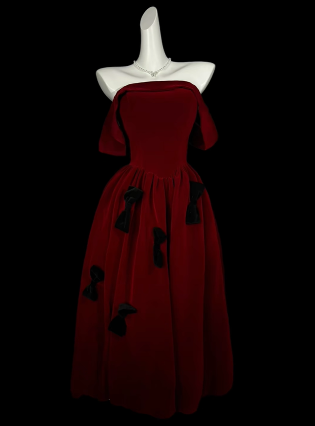 Elegant Burgundy Off The Shoulder Satin Satin Bow A Line Prom Dress Long Party Dress D4181