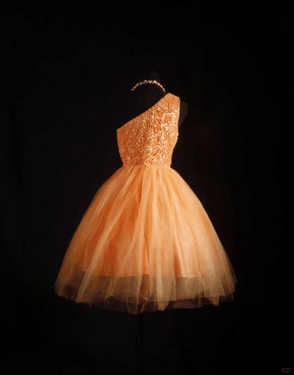 Chic One Shoulder Tulle Beaded A Line Short 7th Grade Homecoming Dress,Orange Short 17th Birthday Outfits D3325