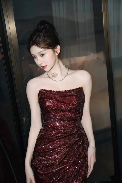 Sparkly Strapless Sheath Sequin Slit Long Wedding Guest Dress Burgundy Long Party Dress Evening Gown D4898