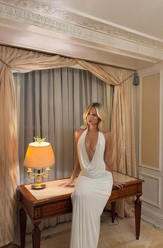 Sexy Halter White Chiffon Long Wedding Guest Dress,Backless Mermaid Party Dress D3590
