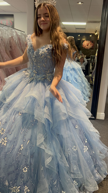 Pretty Blue V Neck Off The Shoulder Tulle Sequin Beaded Ball Gown Formal Quinceanera Dress With Appliques D1007