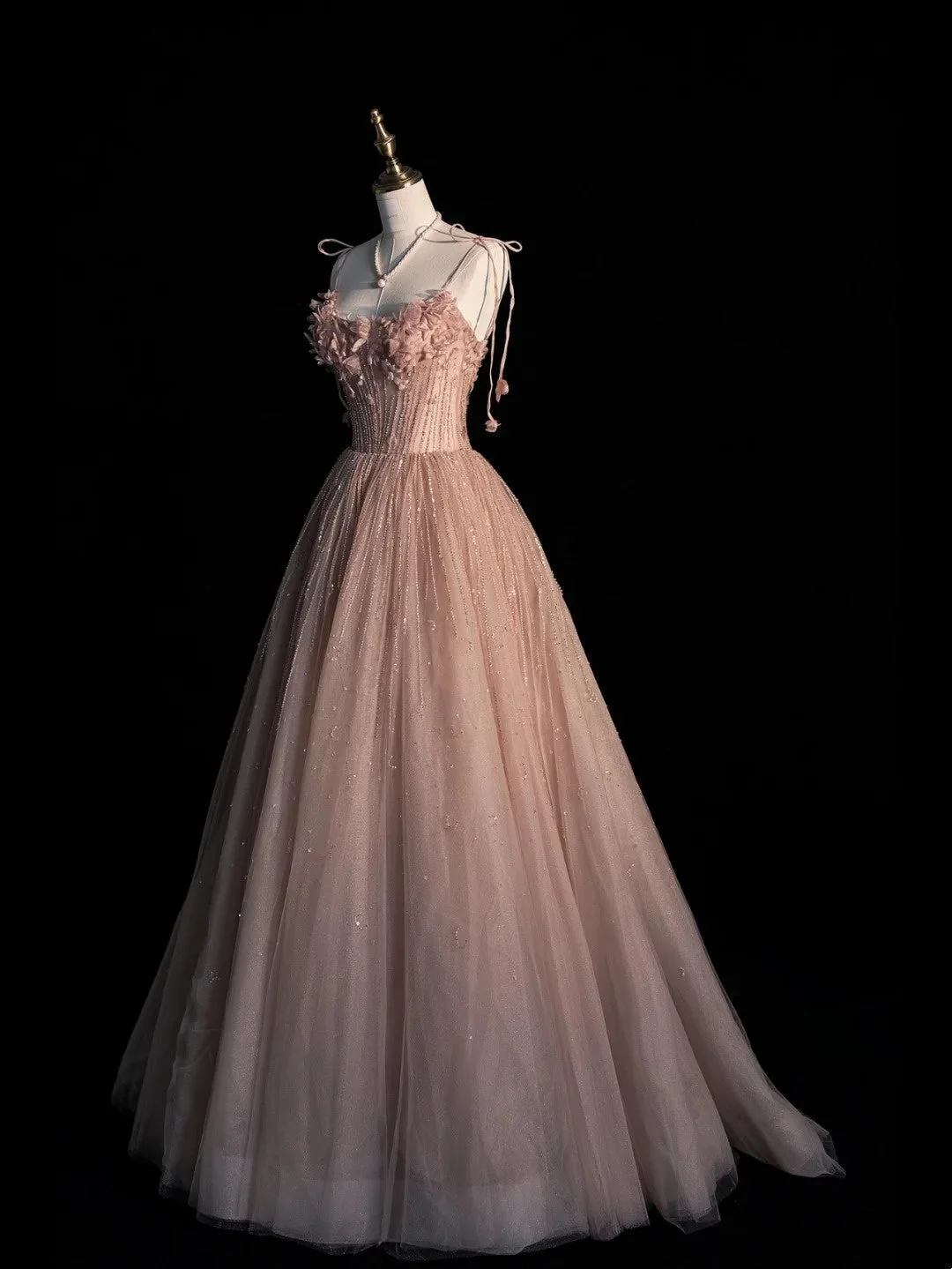 Pretty Spaghetti Strap Pink Tulle Sequin Beaded Appliques Long Birthday Prom Dresses Evening Gowns D4835