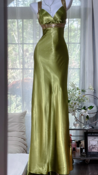 Vintage Olive Green V Neck Satin Backless Mermaid Party Dress Long Evening Dress D870