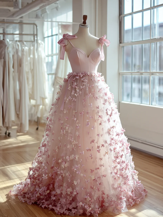 Classy Spaghetti Straps Tulle Petals Long Party Gown Pink Birthday Evening Dress D2476