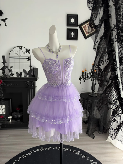 Pretty Lavender Tulle Sequin Layered Short Homecoming Dress Birthday Outfits D4701
