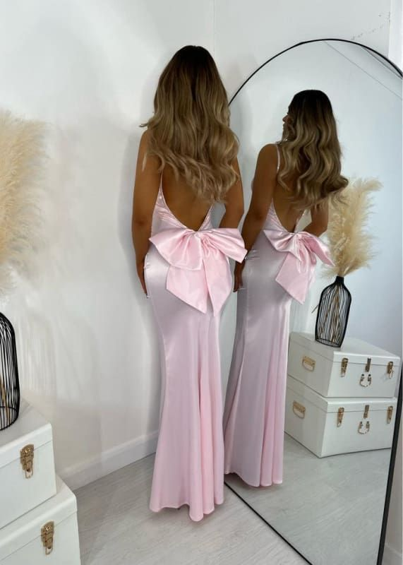 Charming Pink Beaded Spaghetti Straps Prom Dress With Bow,Mermaid Backless Party Dress S188