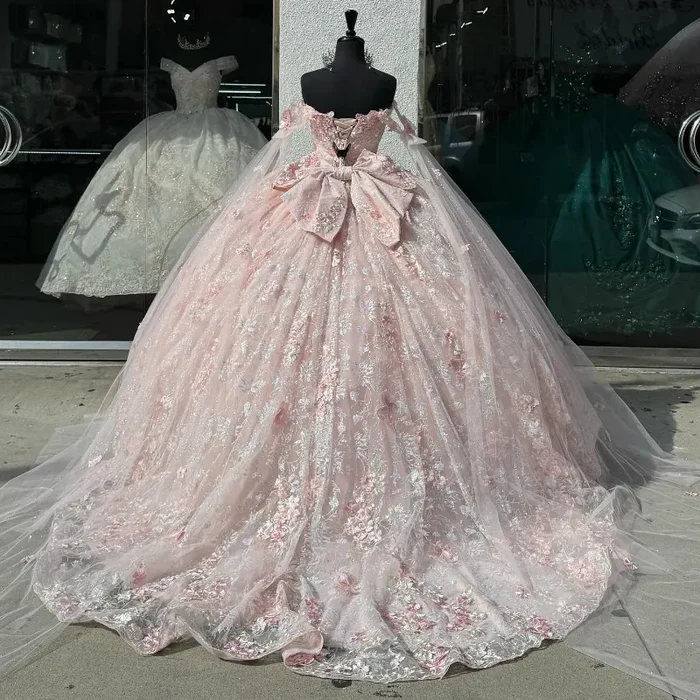 Pretty Pink Off The Shoulder Tulle Lace Appliques Quinceanera Dress Sweet 16 Dress With Bow D1047
