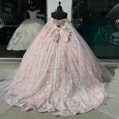 Pretty Pink Off The Shoulder Tulle Lace Appliques Quinceanera Dress Sweet 16 Dress With Bow D1047