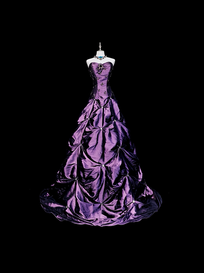Vintage Purple Strapless Satin Beaded Long Party Dress Evening Dress D5371