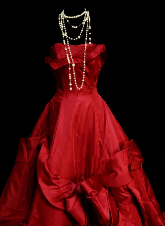 Retro Ball Gown Strapless Red Satin Pleated Birthday Quinceanera Dress D4897