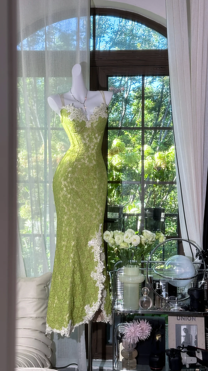 Vintage Spaghetti Straps Green Lace Appliques Slit Mermaid Prom Gown Long Party Dress D866