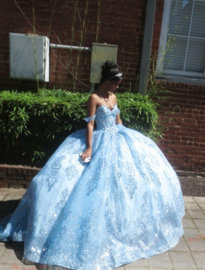 Shiny Off The Shoulder Sweet 16 Dress,Blue Tulle Sequin Birthday Quinceanera Dress D3819
