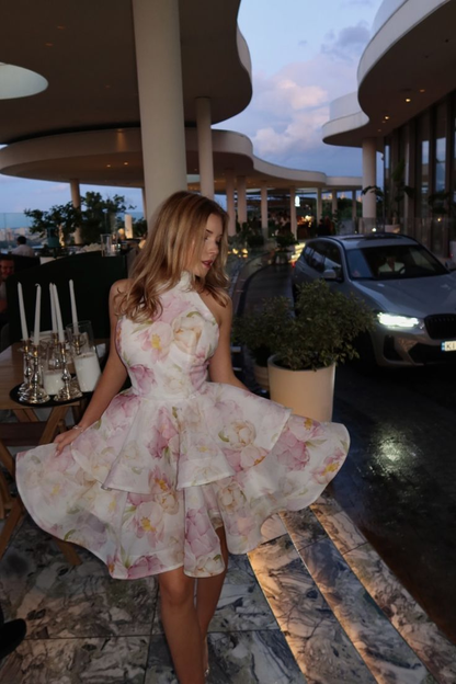 Beautiful Halter Chiffon Print Floral A Line Short Birthday Dress Homecoming Dress D3313