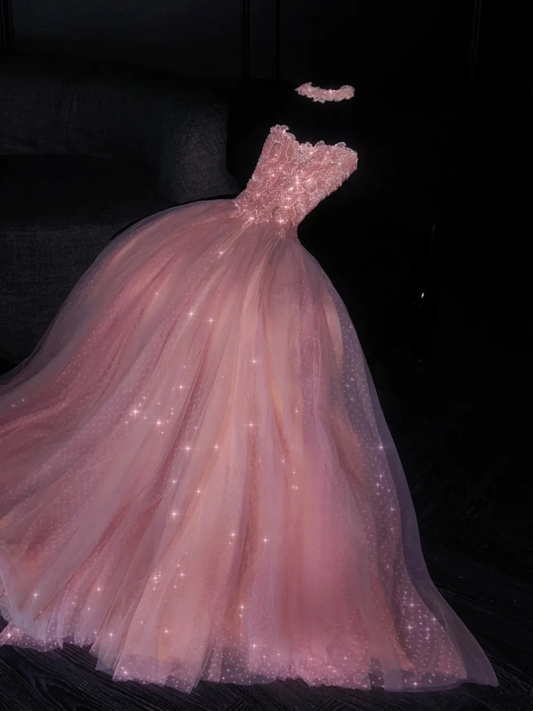 Elegant Ball Gown Strapless Pink Polka Dots Tulle Long Evening Dress Formal 18th Birthday Prom Dresses D4549