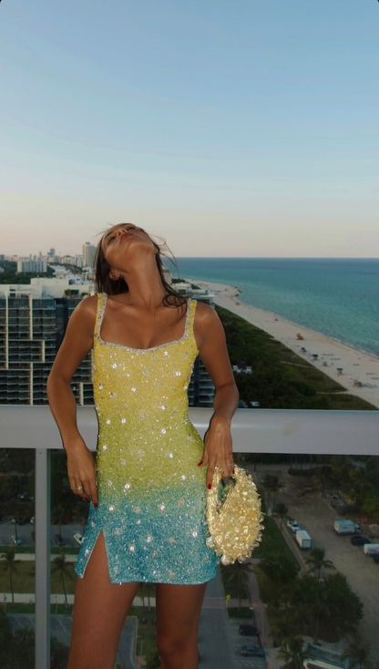 Glitter Ombre Green Sequin Beaded Short Homecoming Dress Birthday Outfits D4638