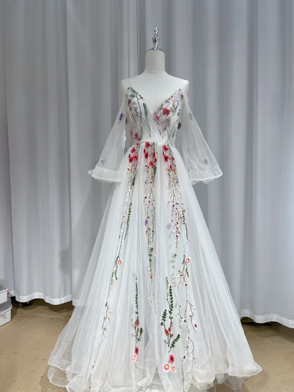Charming White Tulle Floral V Neck Long Party Dress Birthday Evening Dresses D2467