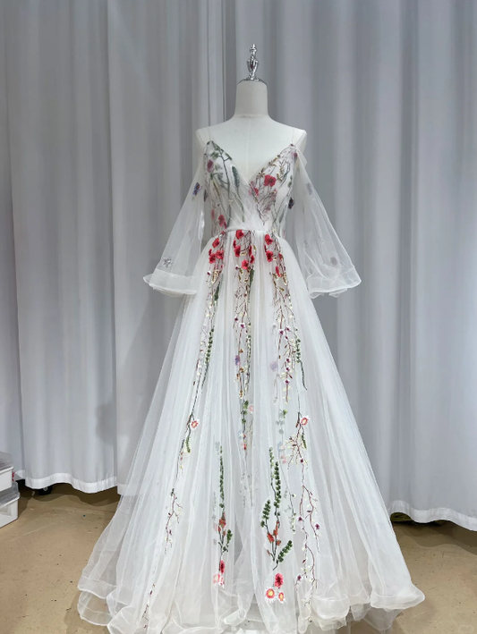 Charming White Tulle Floral V Neck Long Party Dress Birthday Evening Dresses D2467