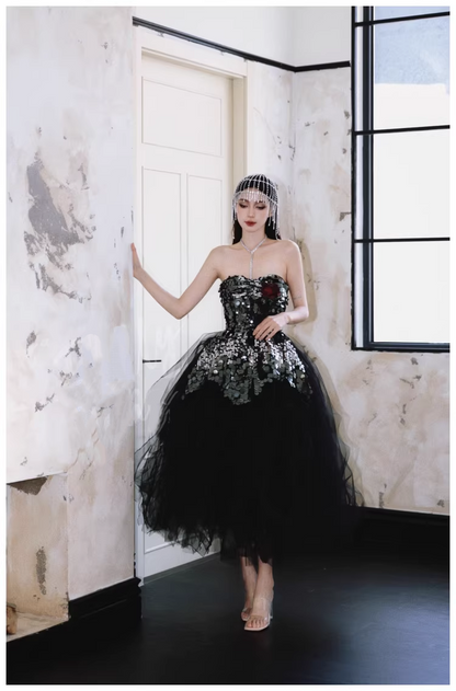 Gorgeous Strapless Black Tulle Sequin A Line Long Evening Dress Birthday Dress D2414