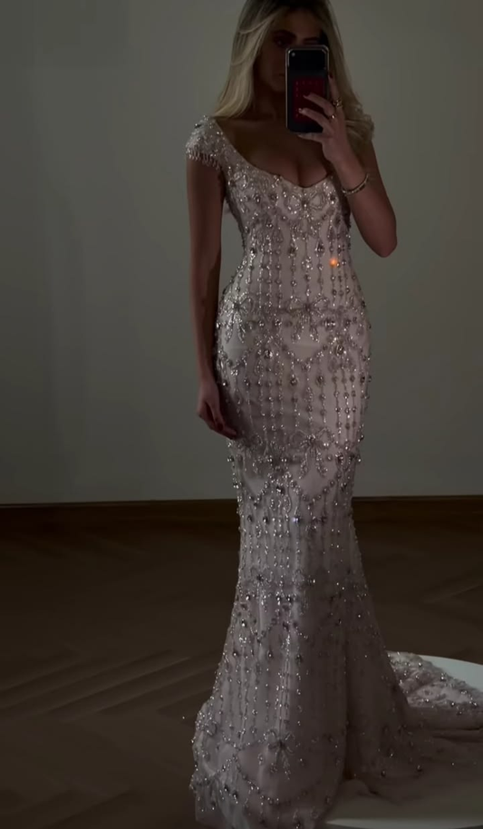 Gorgeous Pink V Neck Tulle Beaded Mermaid Long Prom Dress Evening Dress D2910