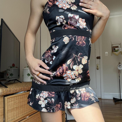 Black Satin Print Floral Sheath Sexy Cocktail Dress Vintage Formal Graduation Homecoming Dress D147