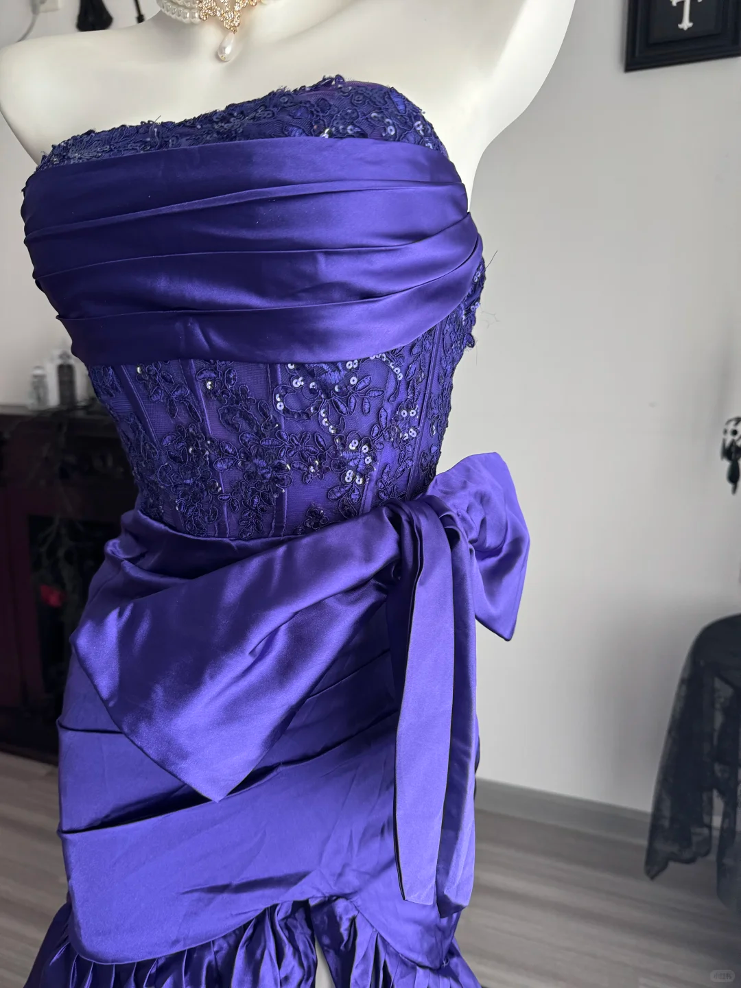 Vintage Strapless Purple Beaded Satin Layered Mermaid Long Prom Dress Evening Dress D3728