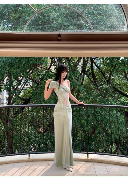 Elegant Pea Green Shoulder Satin Lace Mermaid Long Wedding Guest Dress Formal Evening Dress Prom Dress D2080