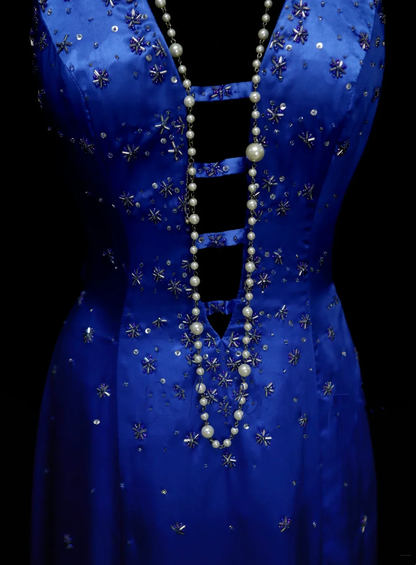 Sexy Halter Royal Blue Satin Beaded Long Evening Dresses Long Mermaid Party Dress D4512